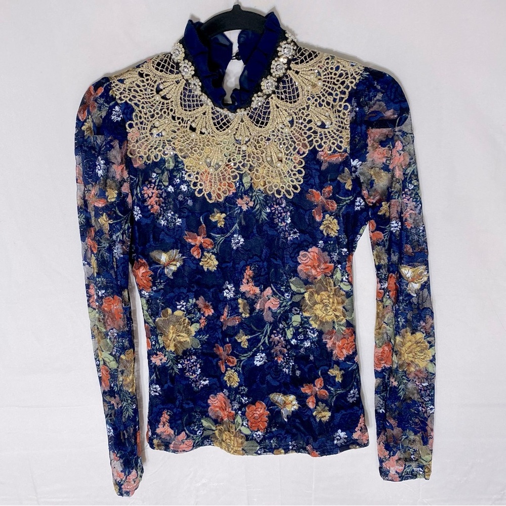 Vintage Y2K Floral Lace Embellished Long Sleeve Mock Neck Top XS